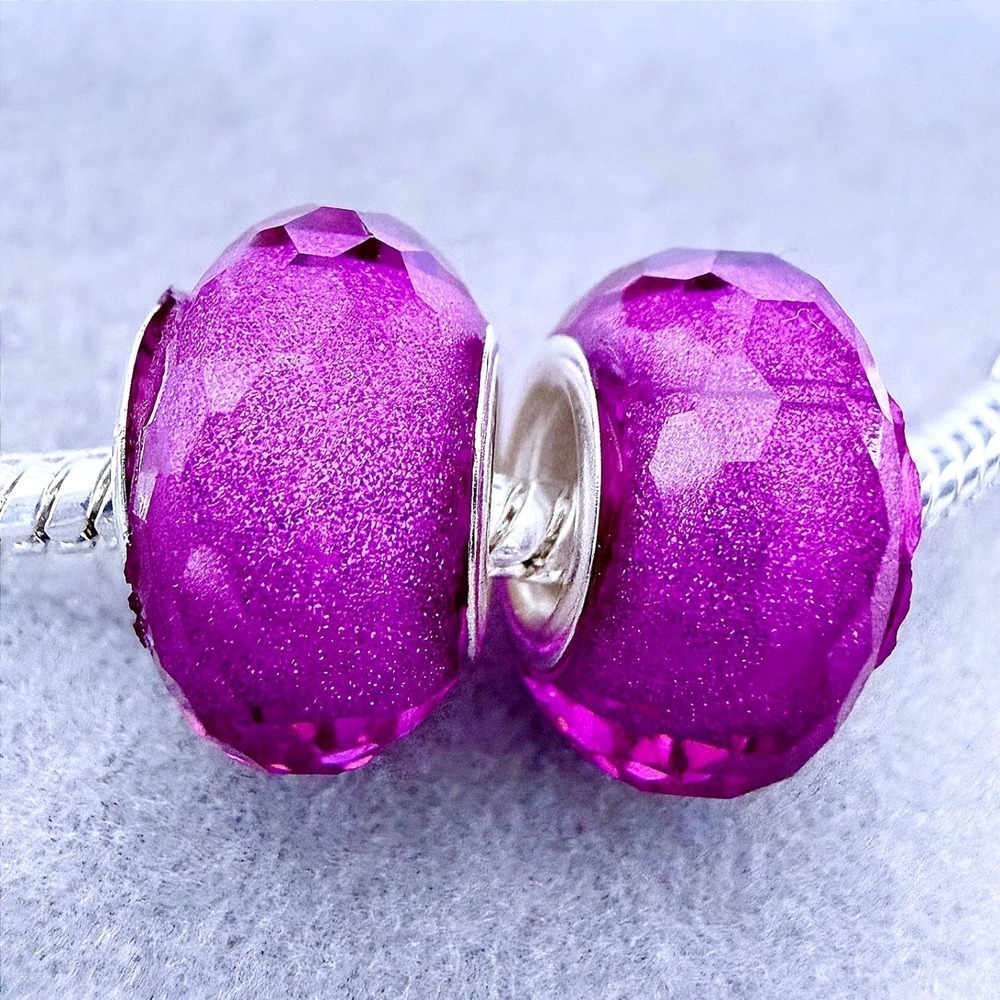2 PCs Purple Faceted Glitter Spacer Charm Beads Magenta Sparkle fits PANDORA